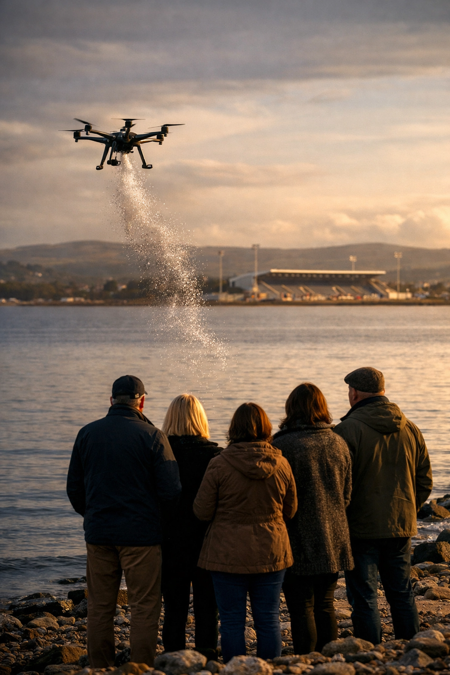 Dignified drone ash scattering ceremony over the Moray Firth near Caledonian Stadium.