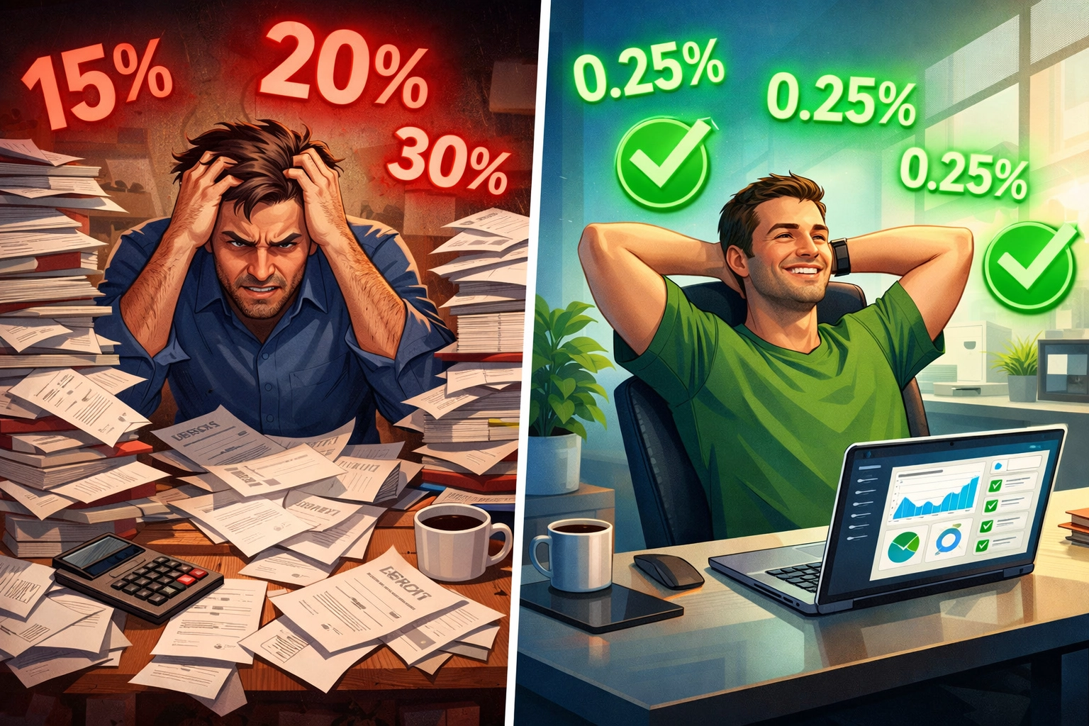 Merchant fee comparison showing 50% lower costs with Larecoin versus traditional payment processors