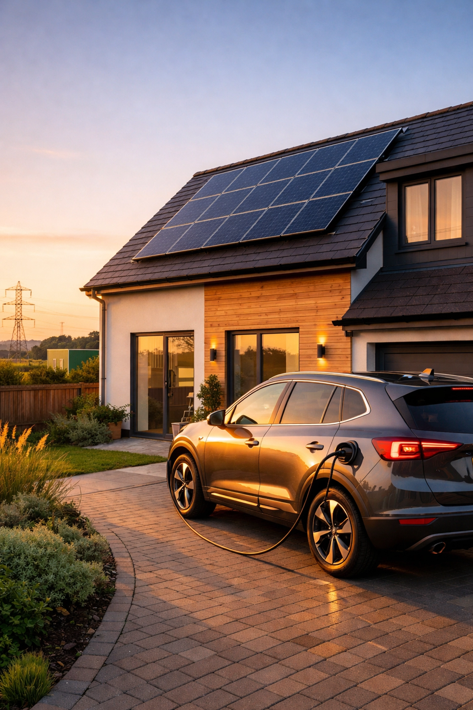 Home solar panels and EV charging, showing lower bills and energy security from solar power