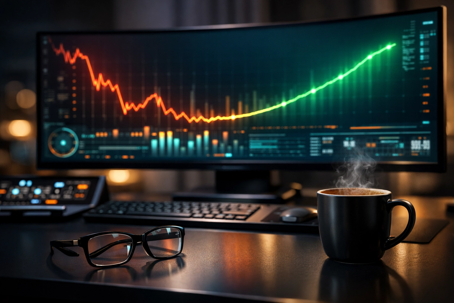 SaaS data dashboard on an ultra-wide monitor showing a positive trend in customer retention health scores.