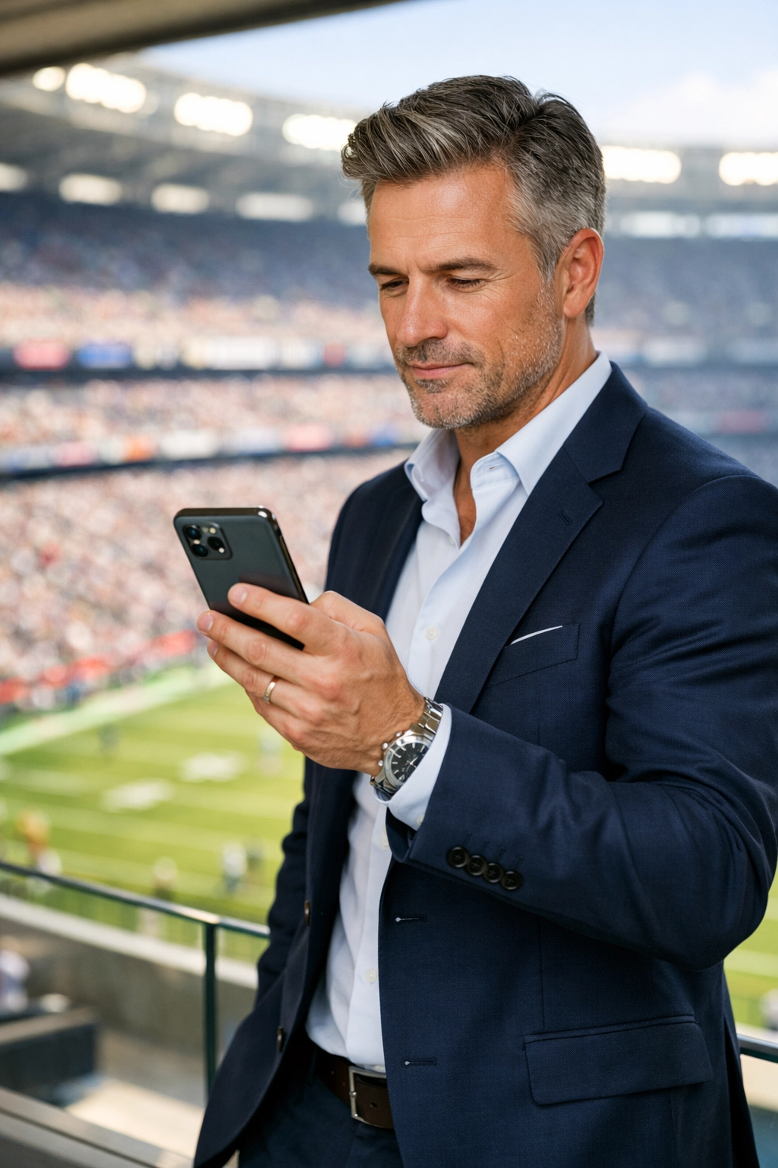 Executive managing real-time digital strategy from a VIP stadium balcony during a major sporting event.