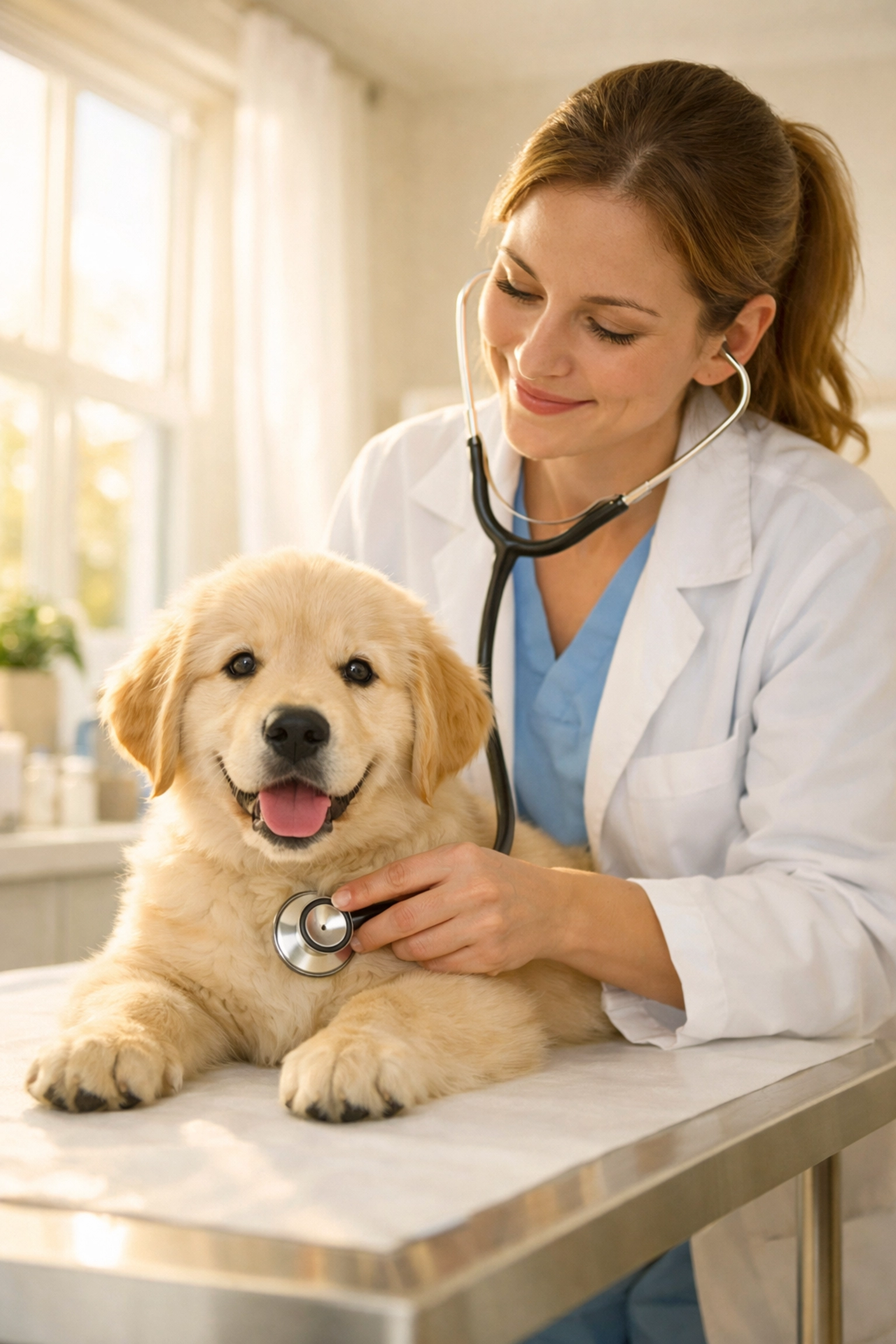 Veterinarian examining a Golden Retriever puppy with stethoscope during routine health screening