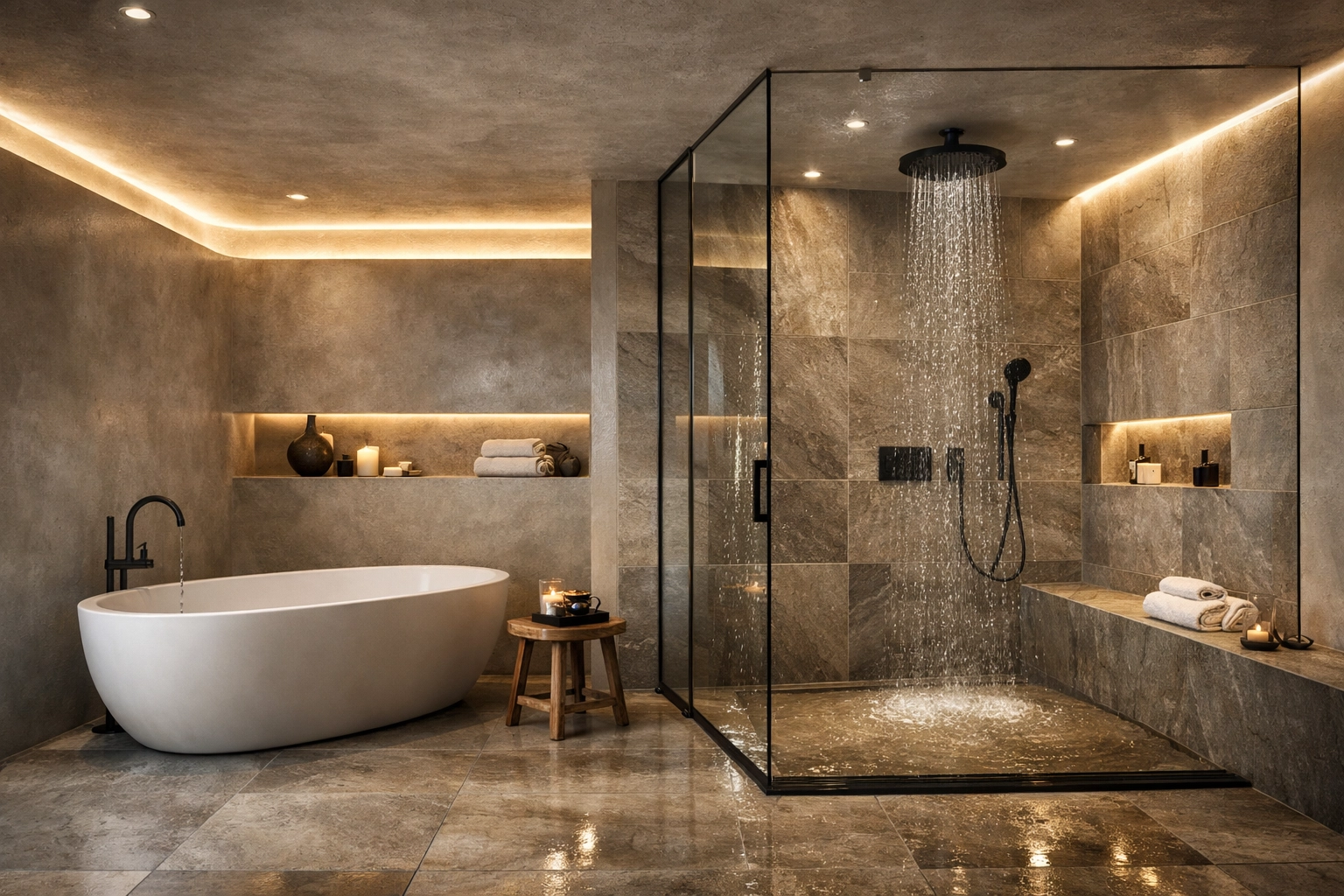 Photorealistic spa-like bathroom render with microcement surfaces, indirect LED lighting, and high-detail reflections.