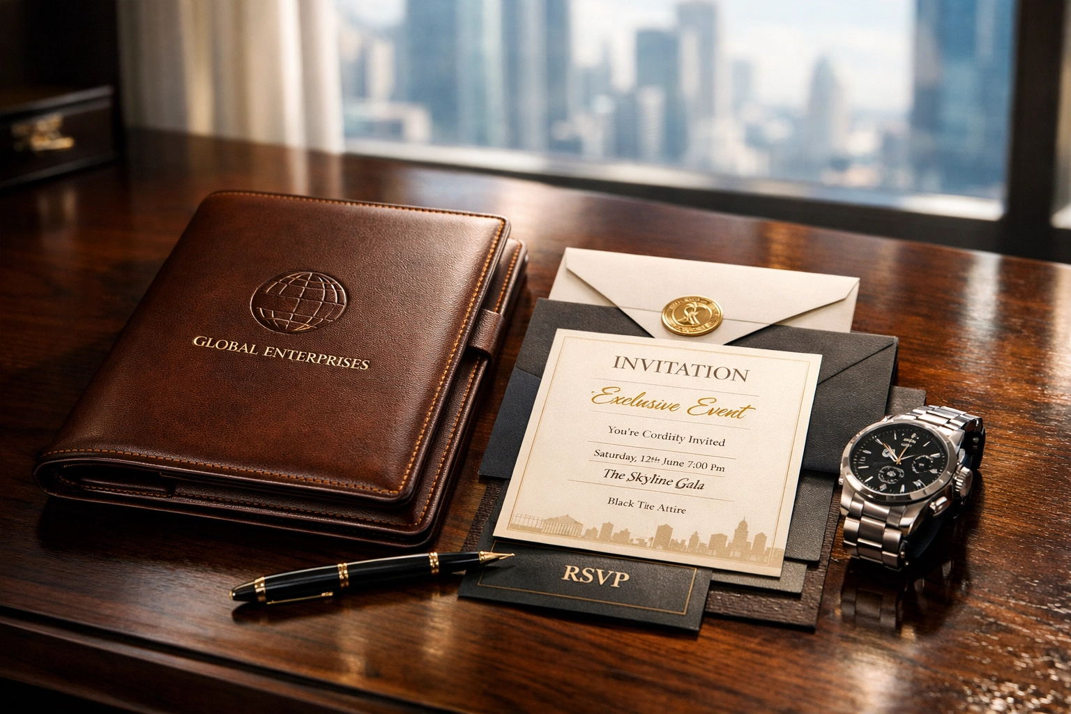 Premium executive travel portfolio and VIP invitations on a desk for Super Bowl branding prep.