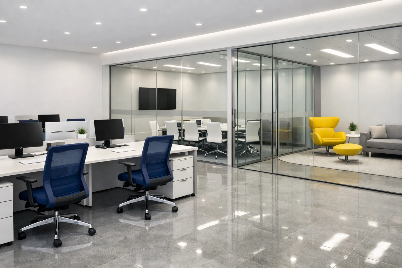 Sanitized modern office workspace in Shirley MA demonstrating professional office cleaning.