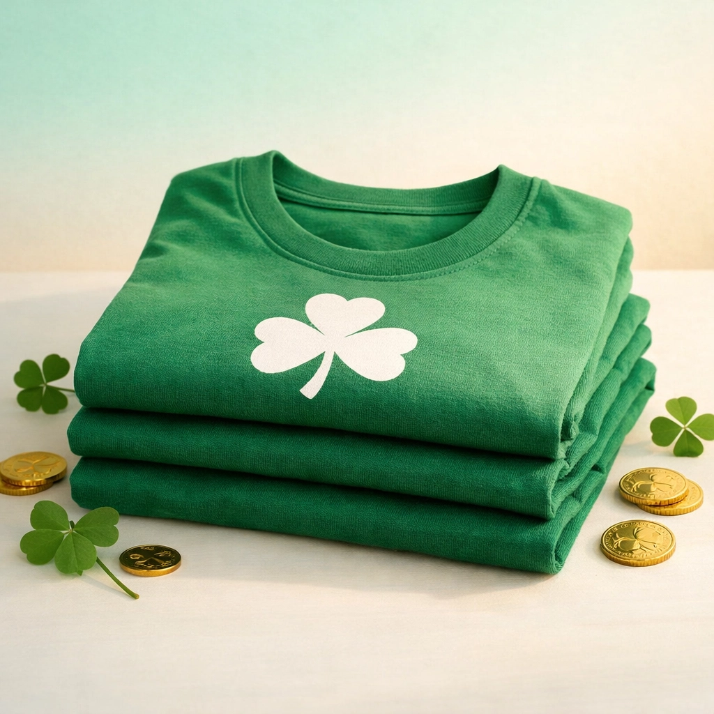 Green custom t-shirts with shamrock designs for St. Patrick's Day celebrations