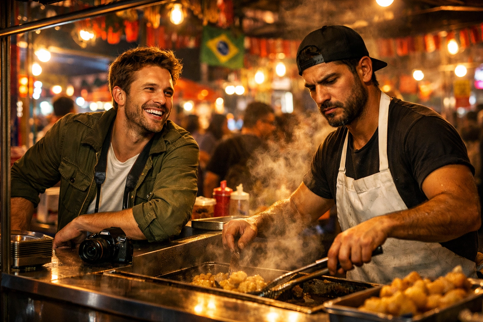 Cheerful tourist and grumpy vendor at a São Paulo night market, a classic MM romance scene.