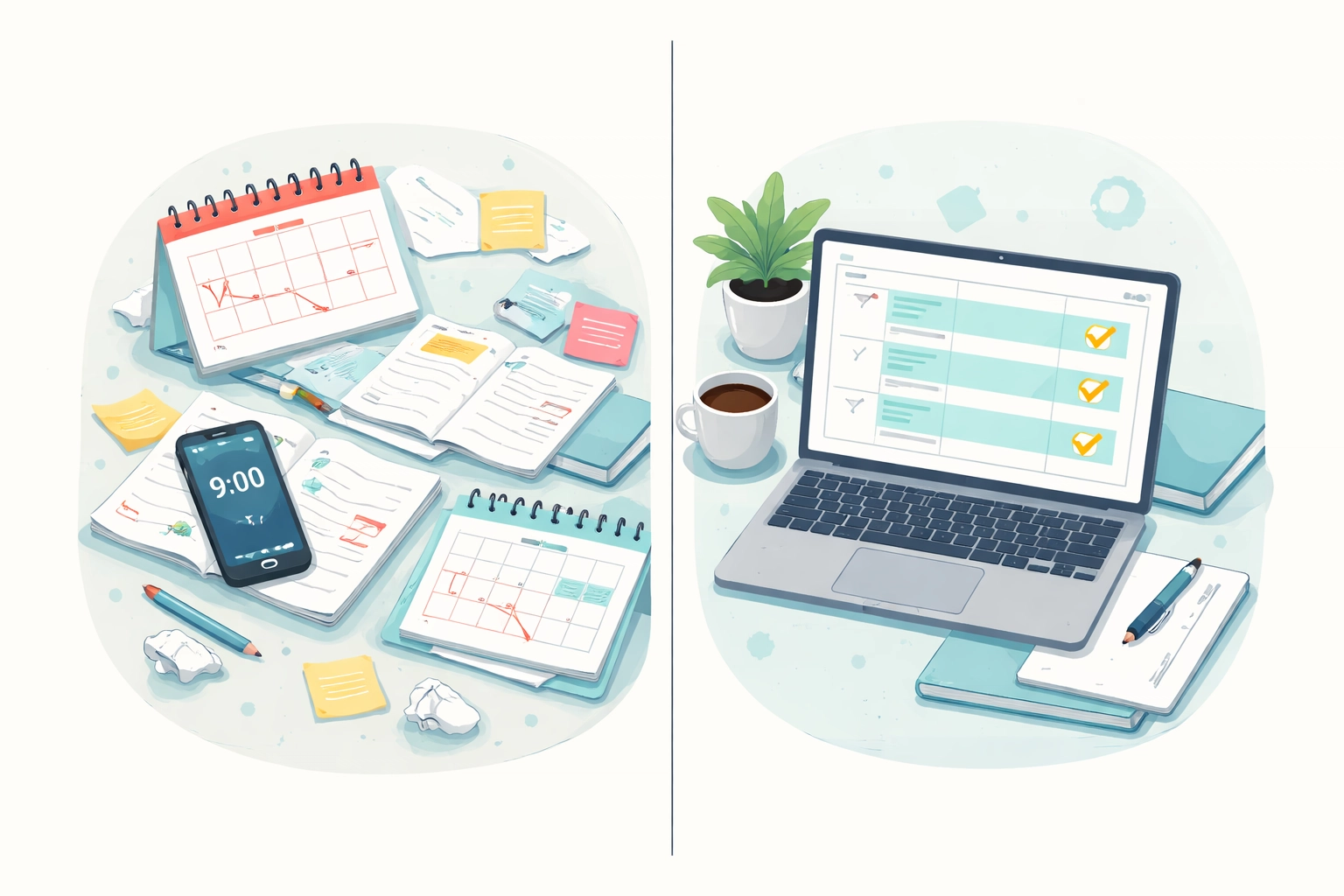 Split-screen showing chaotic manual booking with paper and phone on the left and streamlined online cleaning service bookings on the right, demonstrating the benefits of automated booking systems.