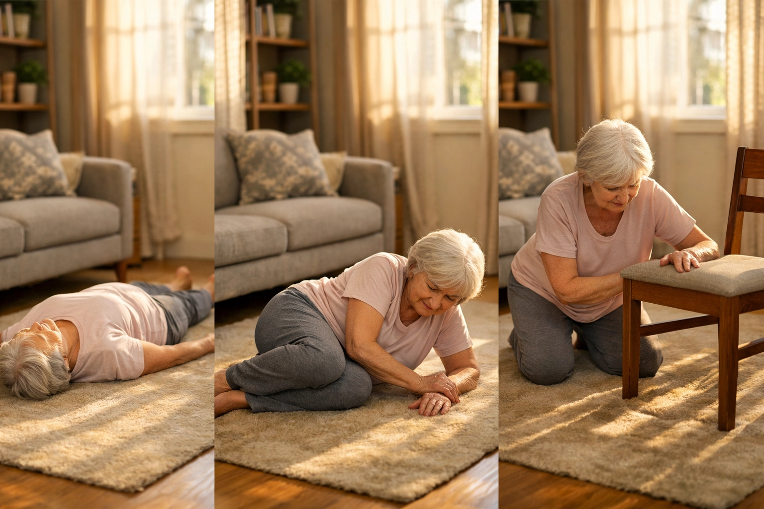 Senior woman practicing fall recovery by rolling to her side with chair nearby for support