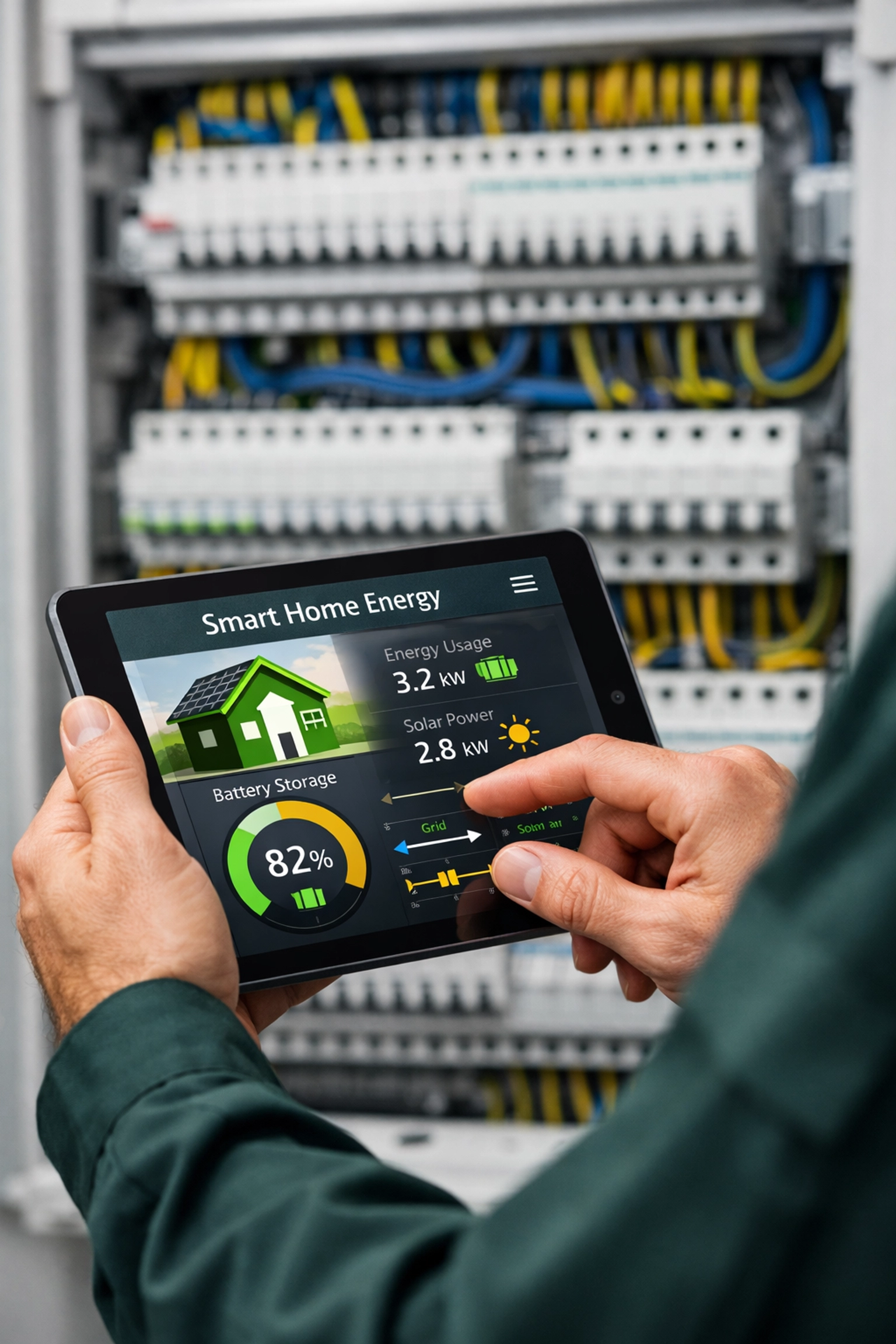 Professional solar installer in Bournemouth configuring a smart home energy management app for a battery system.
