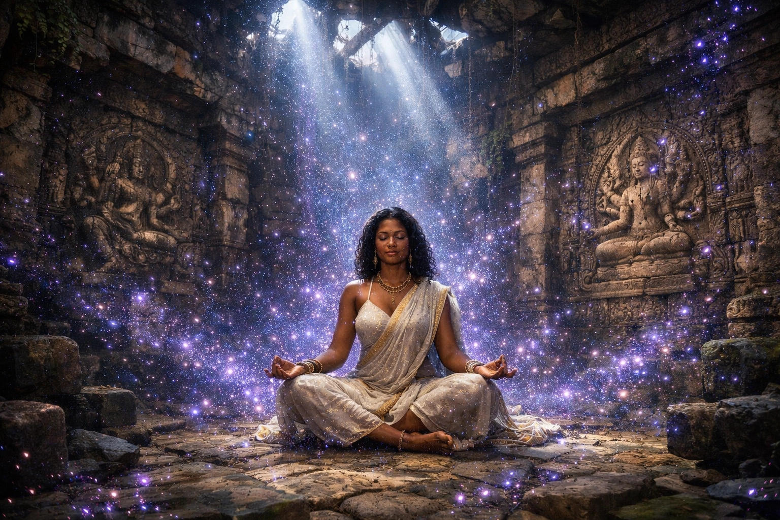 Caribbean woman in an ancient mossy temple with shimmering prana light during a Tantric ritual.