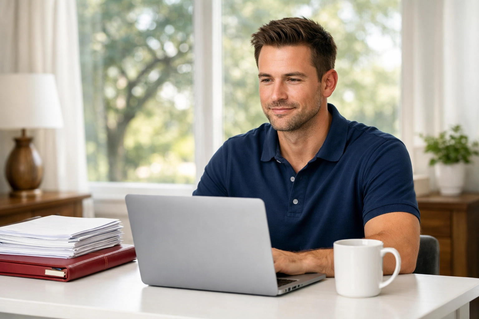 A Texas man in a home office reviewing debt documents and credit reporting rules on a laptop.