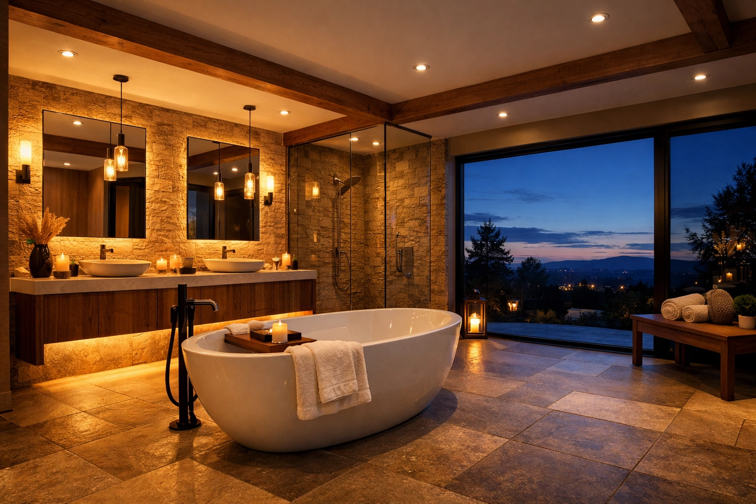 Finished luxury master bathroom featuring a freestanding oval bathtub and warm ambient lighting at dusk.