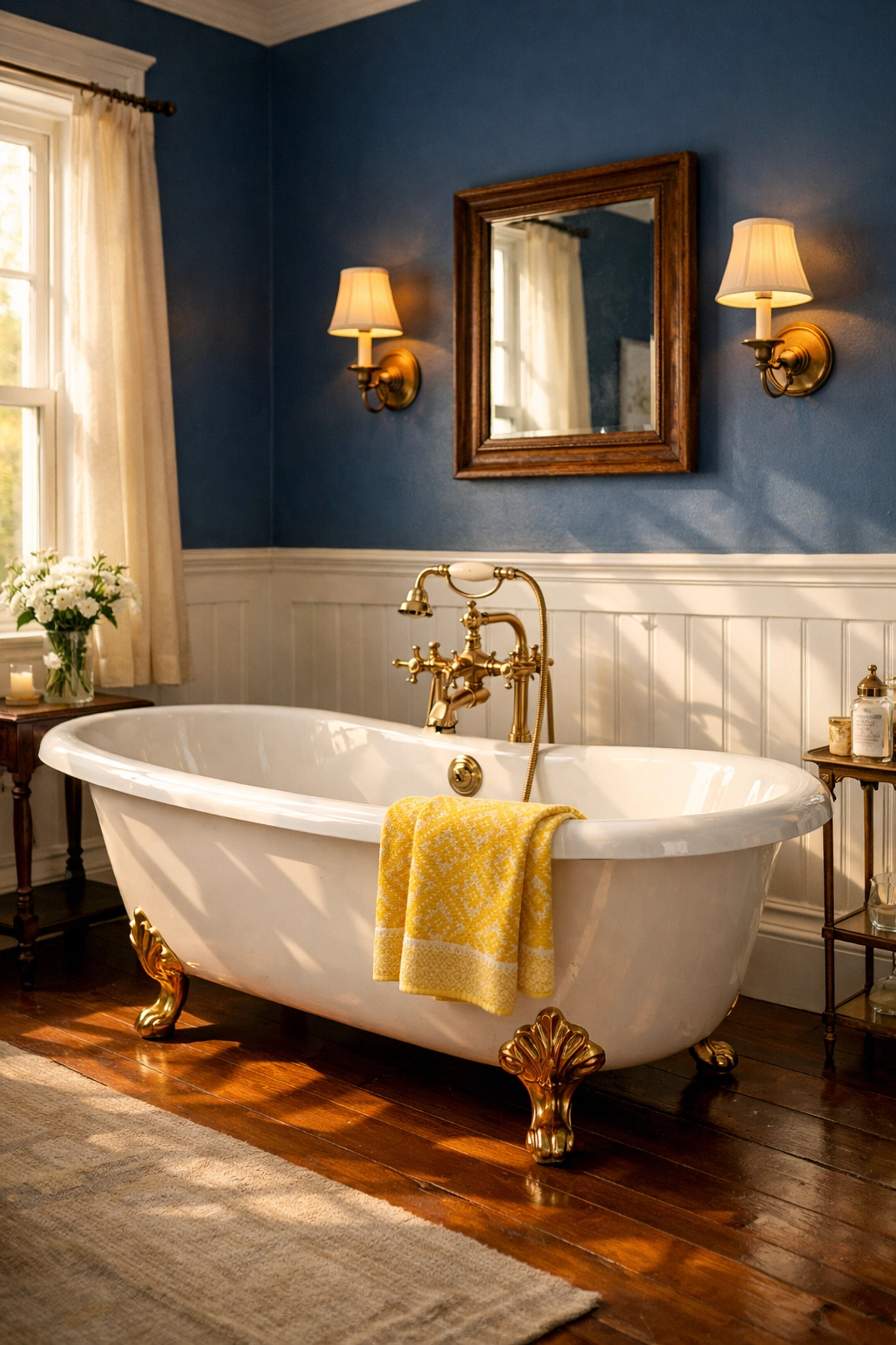 Cleaned vintage clawfoot tub with brass fixtures in a historic Lunenburg bathroom interior.