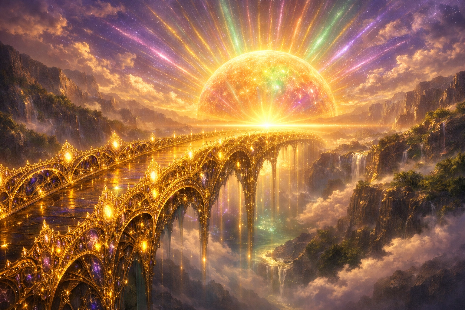 A glowing bridge over a canyon representing the path to be a better parent and break generational emotional patterns.