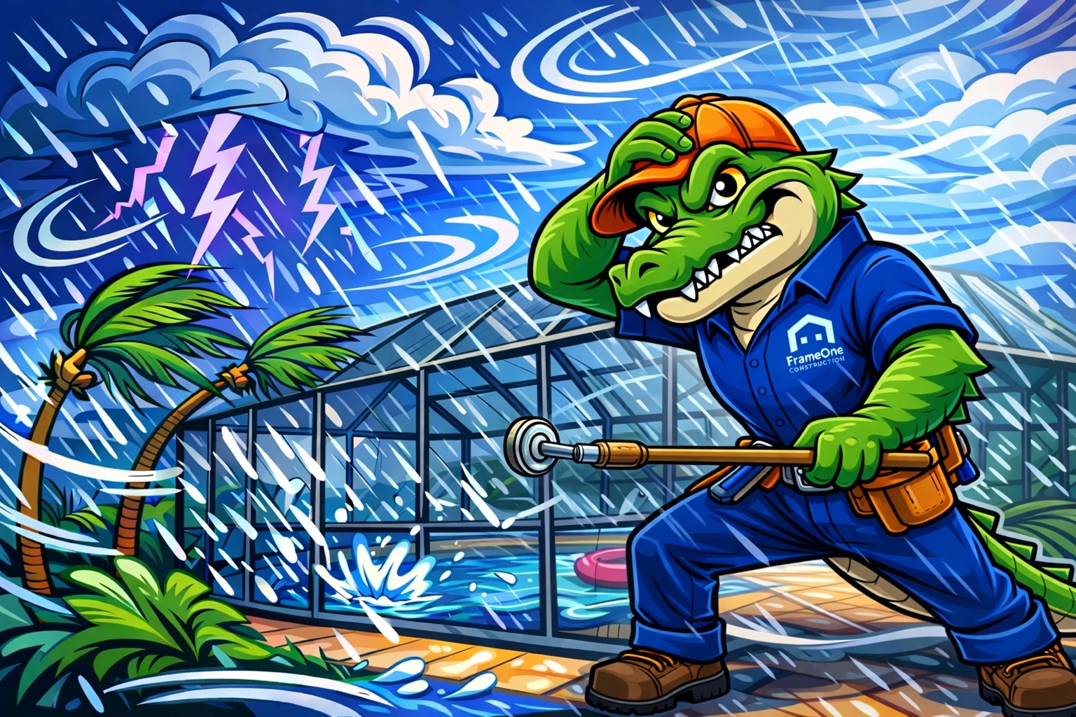 Florida storm weather with rain and lightning affecting pool screen enclosure durability