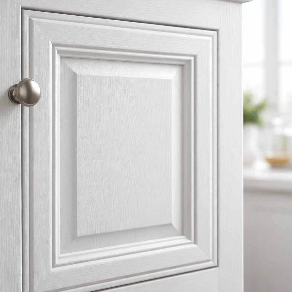 White painted kitchen cabinet door illustrating cabinet refinishing results.
