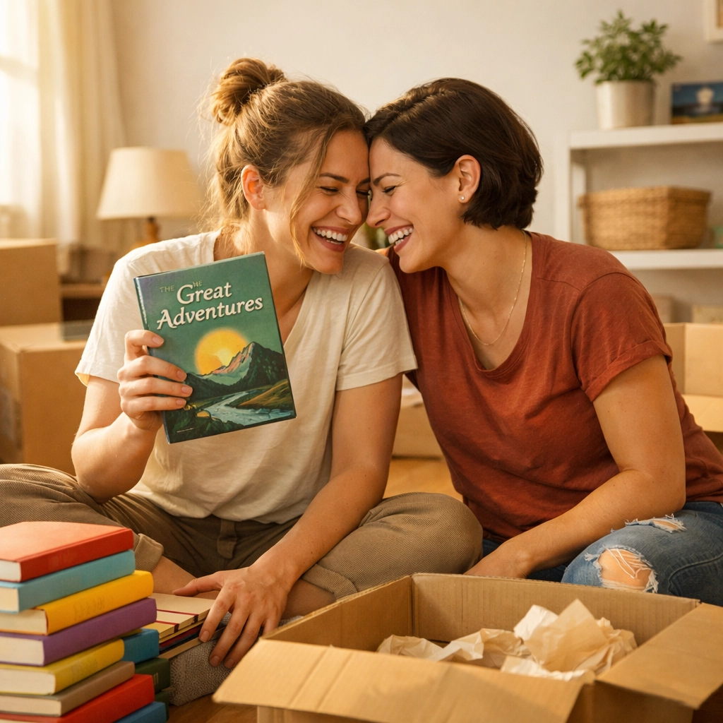 A lesbian couple nesting and unpacking books together, celebrating a major relationship milestone.