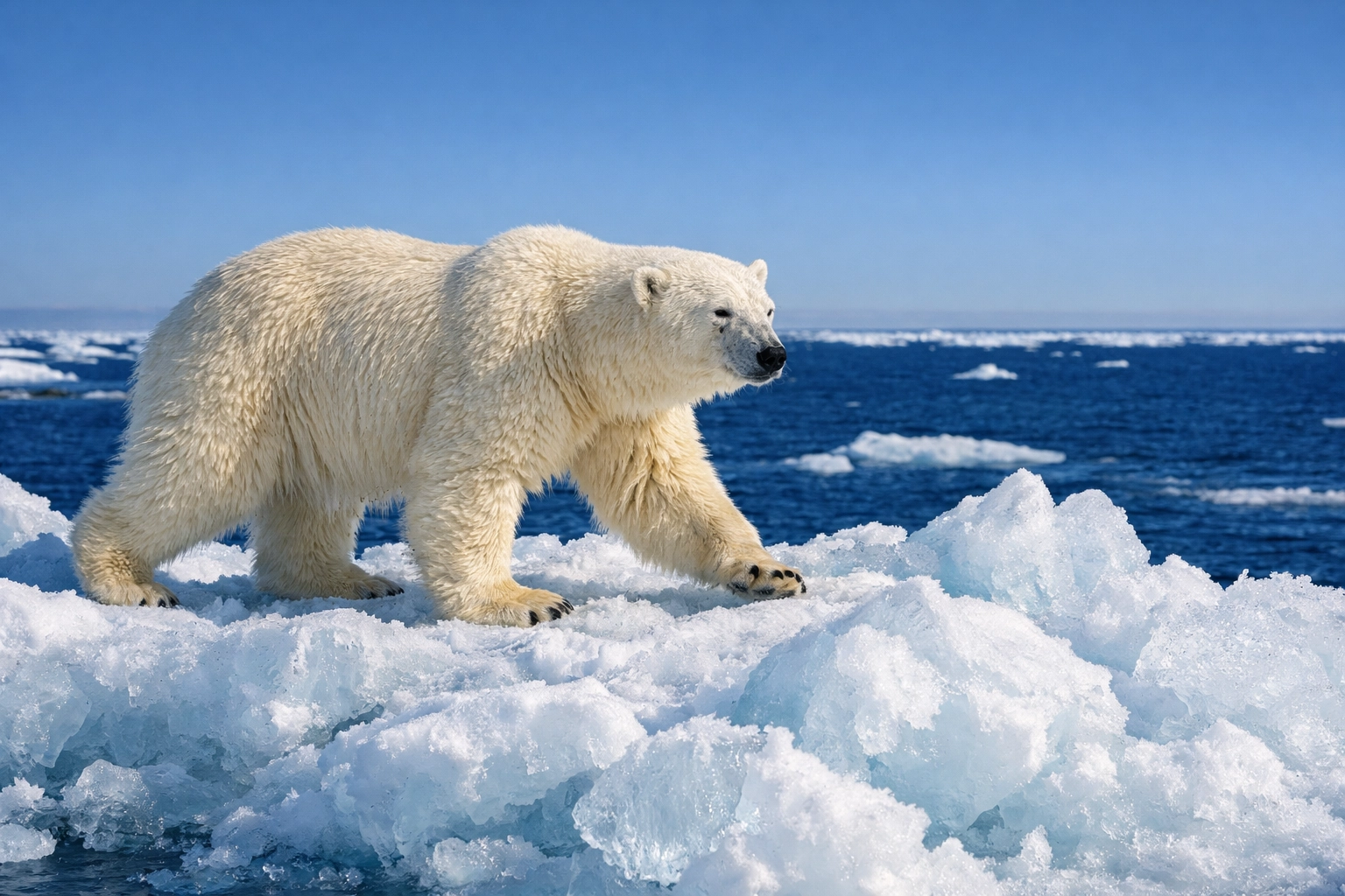 Majestic polar bear navigating Arctic ice floes under a clear blue sky.