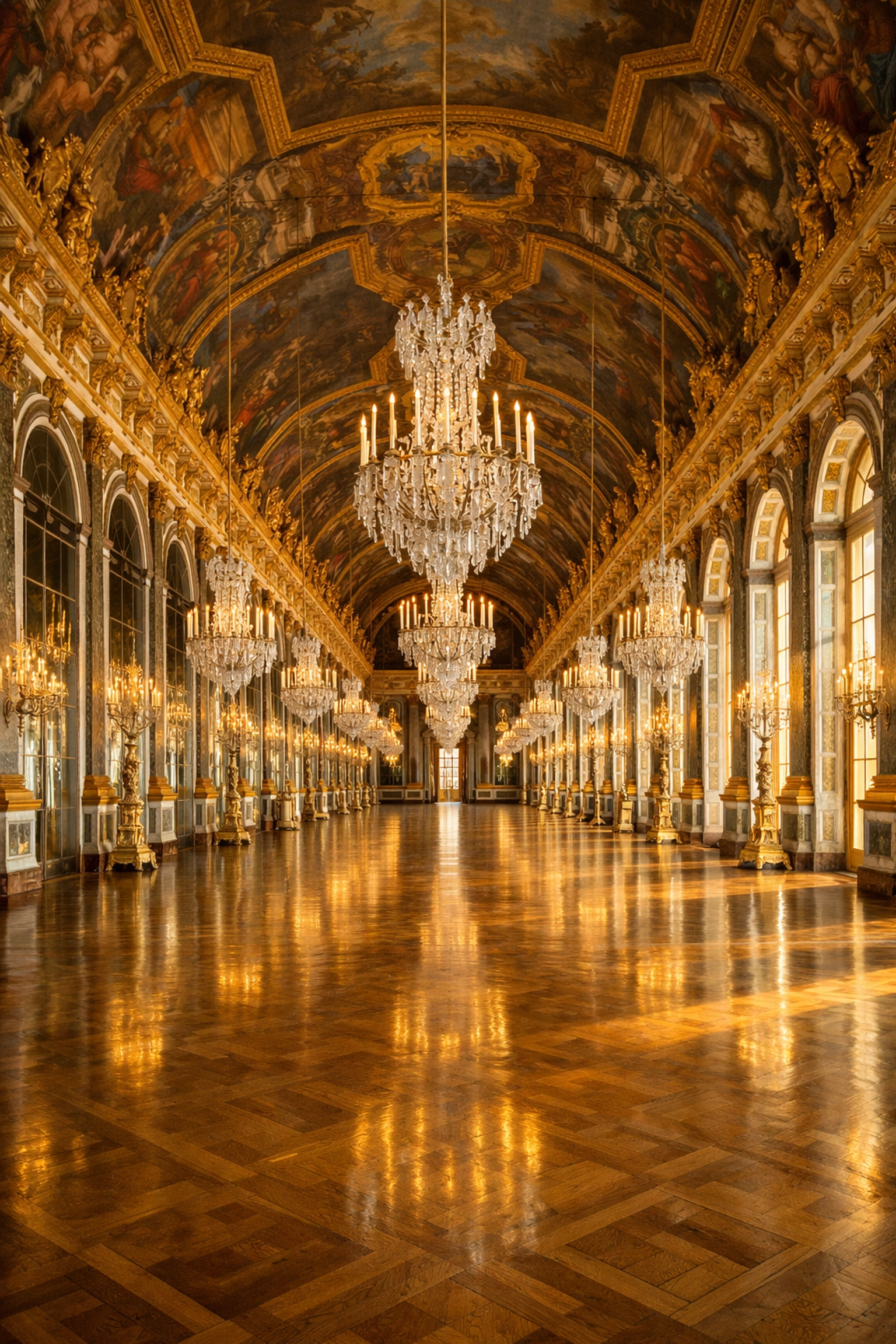 Symmetrical view of the empty Hall of Mirrors, a must-visit photo spot inside the Palace of Versailles.