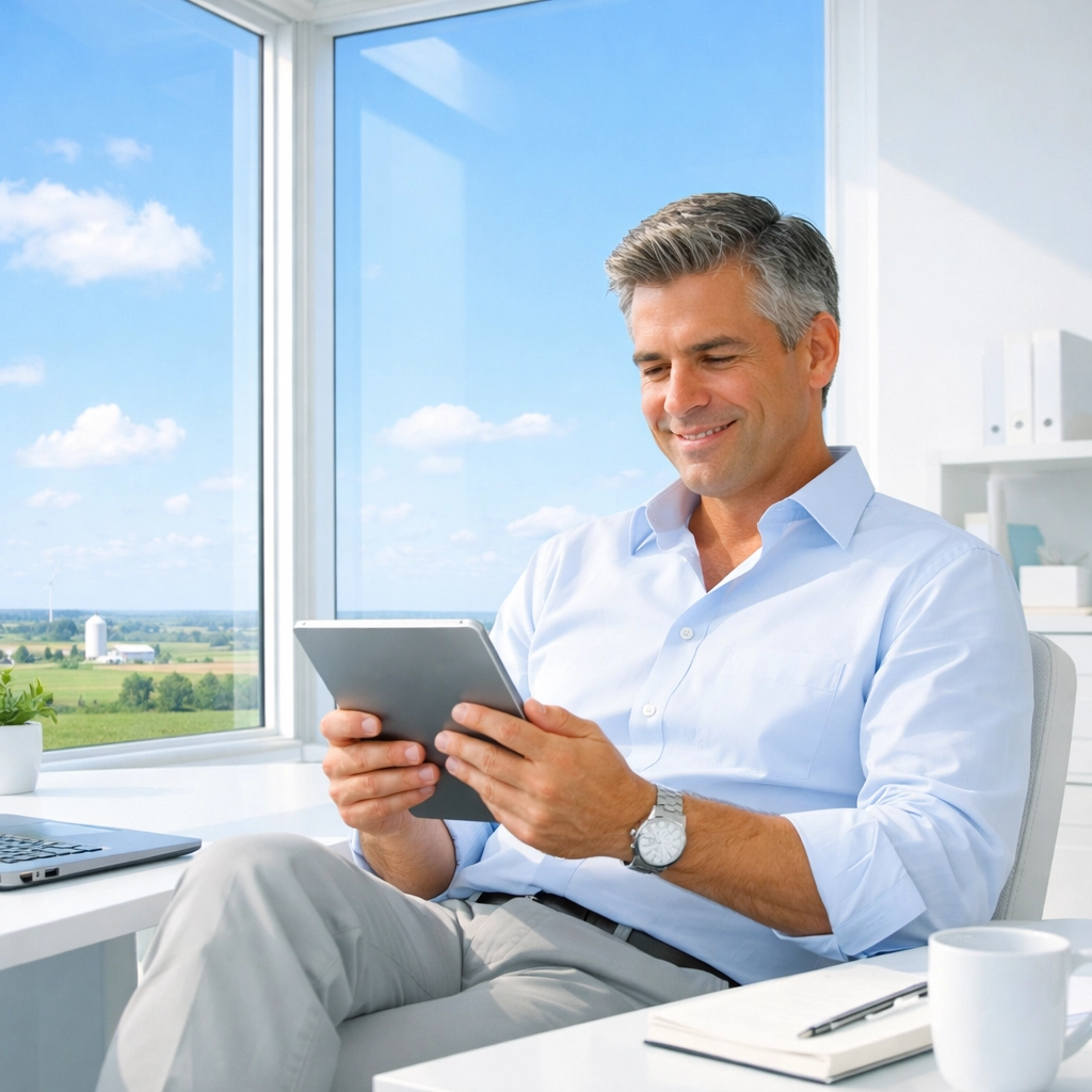A business professional working in a dust-free, sun-drenched office maintained by commercial cleaning experts.