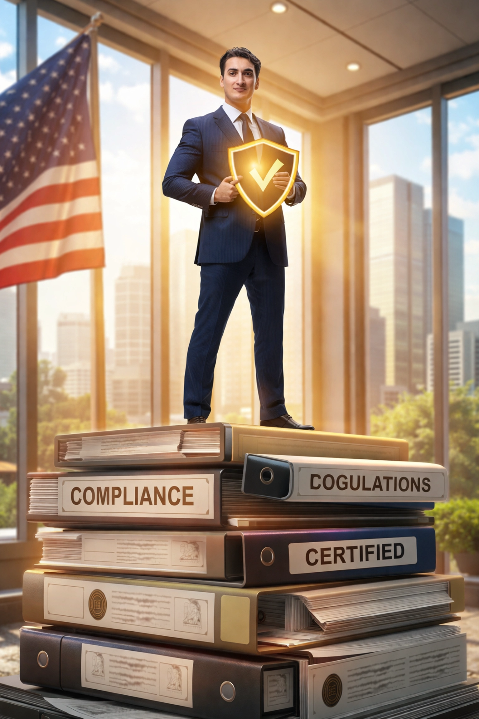 A business leader stands on regulatory documents with an American flag, representing strong US compliance in Larecoin's Web3 payment solutions.