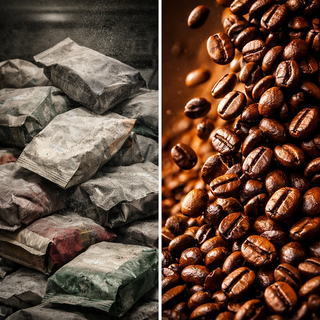 Comparison of stale grocery store coffee versus fresh roasted coffee beans