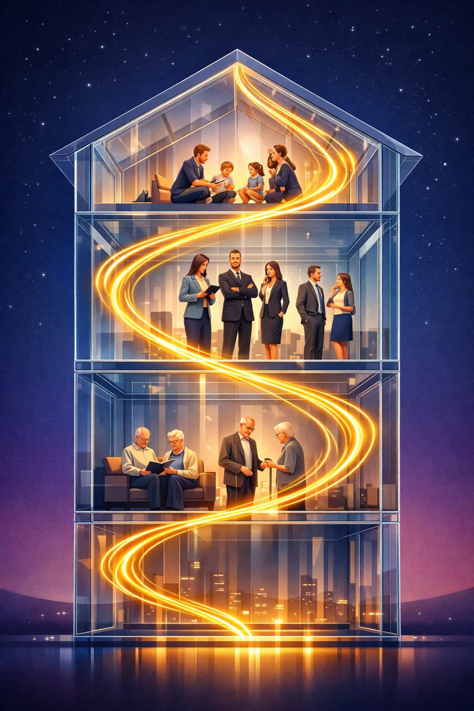 Multi-generational wealth transfer visualization showing family legacy planning across three generations