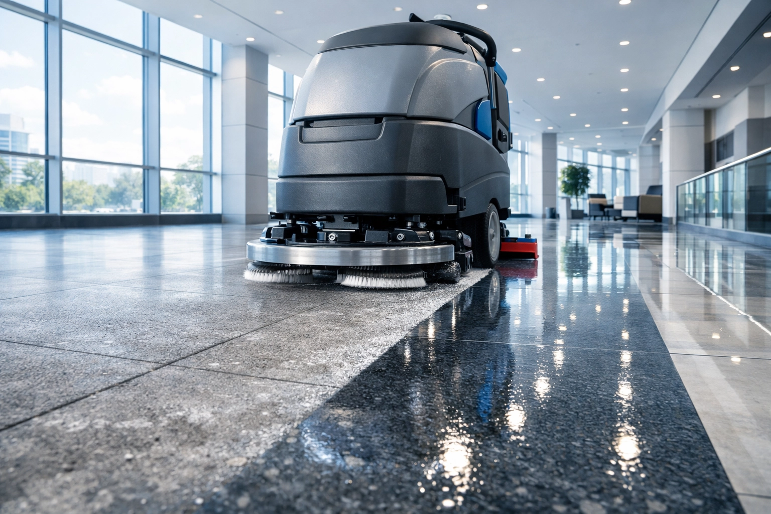 Industrial auto scrubber machine restoring commercial tile floors for a Quincy IL business.