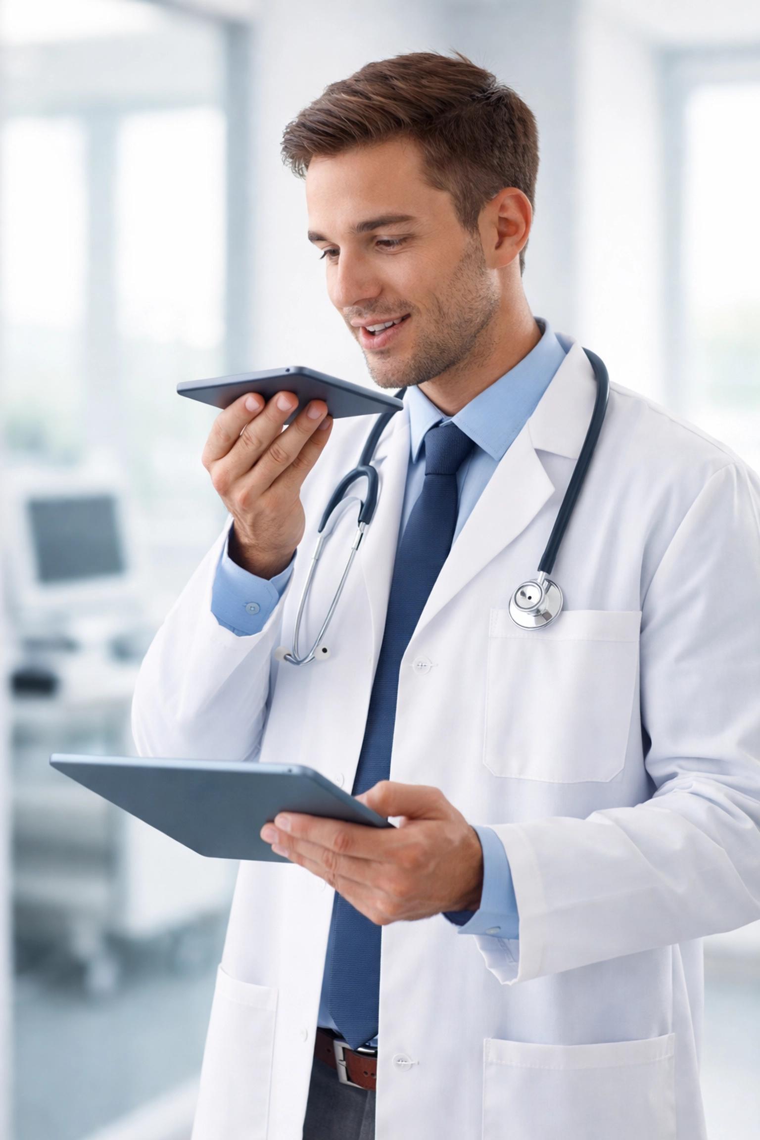 Doctor using voice dictation on a tablet in a modern exam room, illustrating AI medical dictation workflow