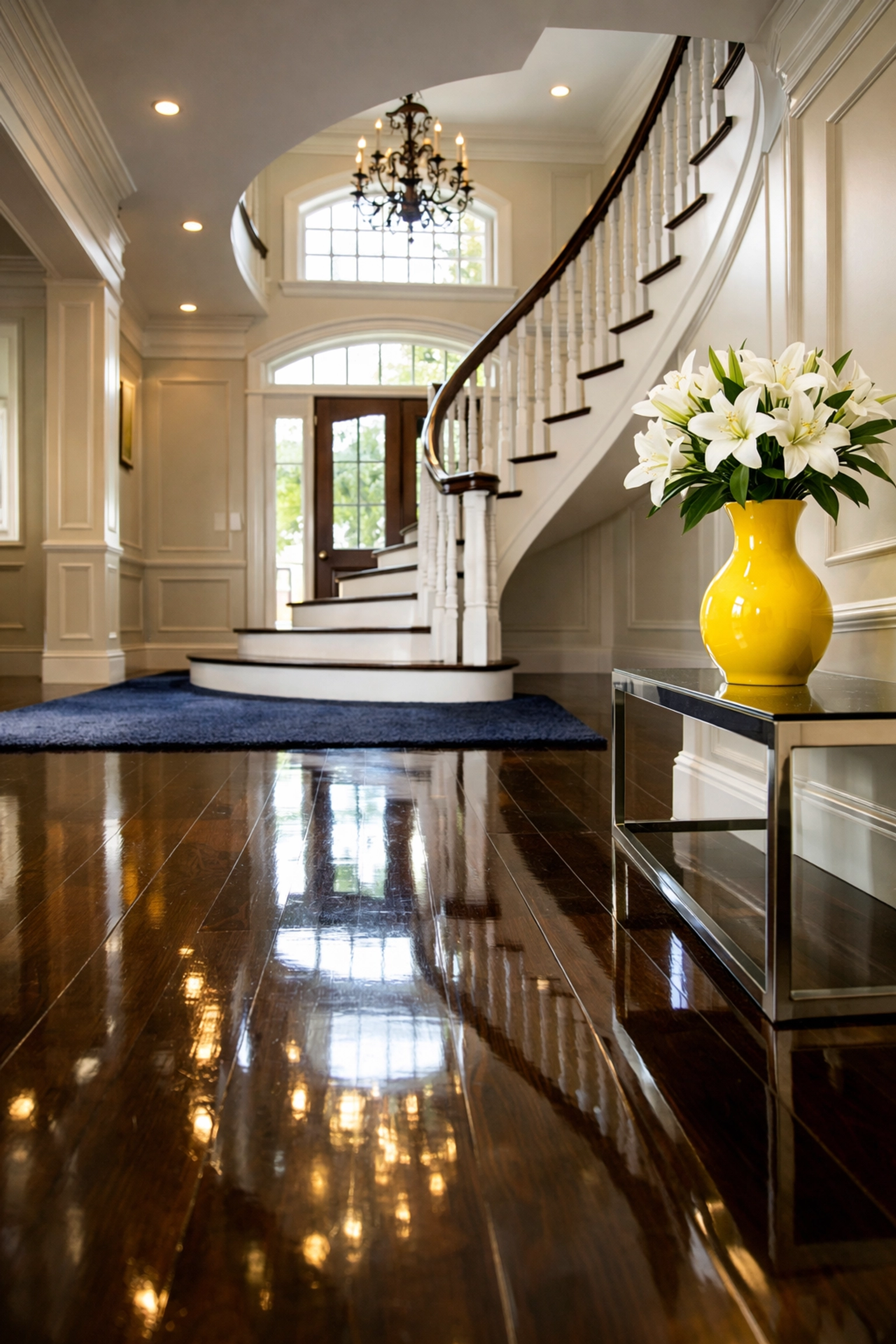 Pristine grand entryway with polished wood floors and a winding staircase by expert cleaning services near me.