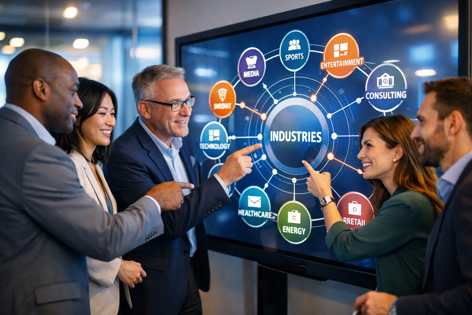 Business team collaborating on innovation strategy across 12 industries at Dakdan Worldwide media holding