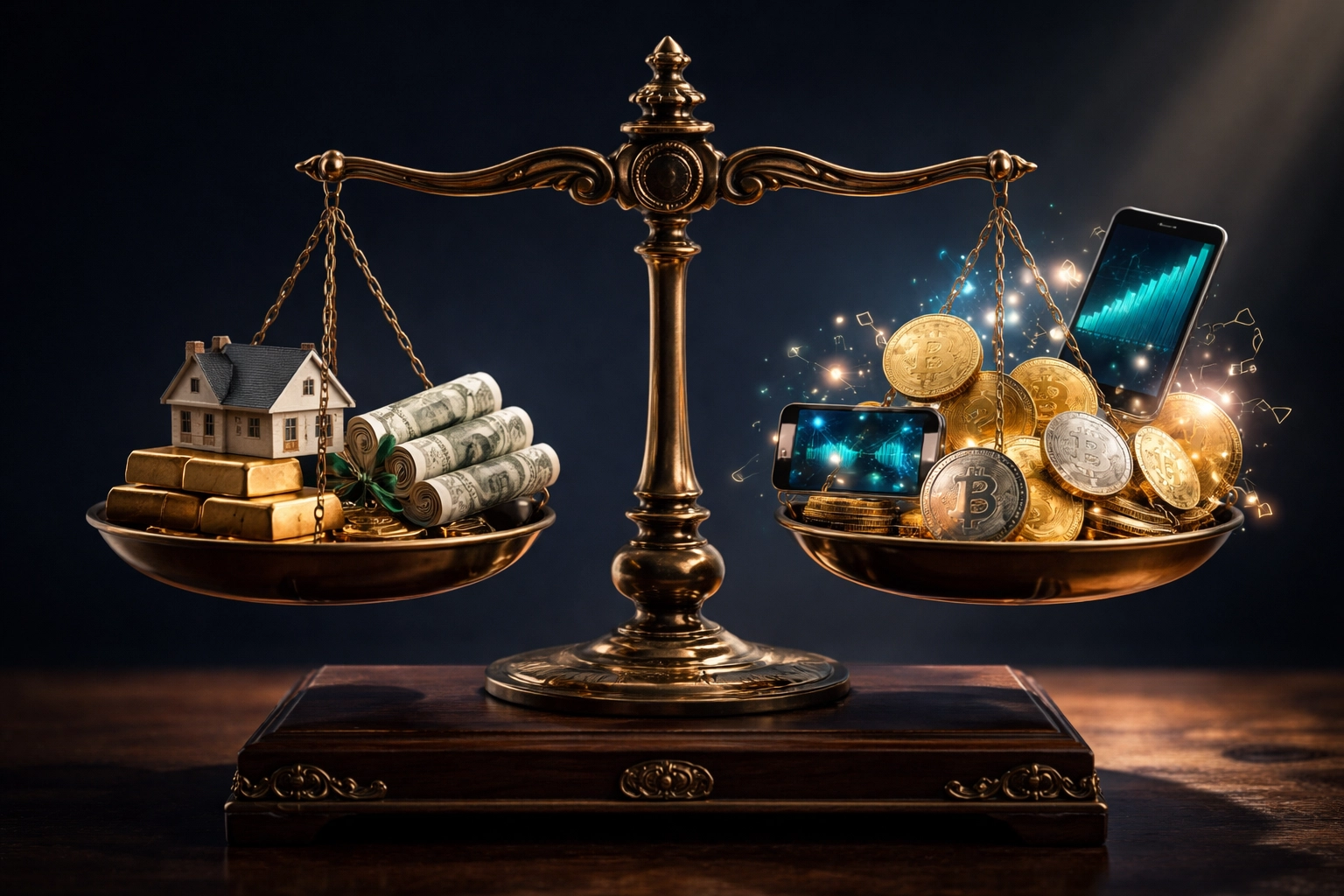 Balance scale showing traditional assets like gold and stocks outweighing modern investments such as cryptocurrency, highlighting portfolio imbalance.