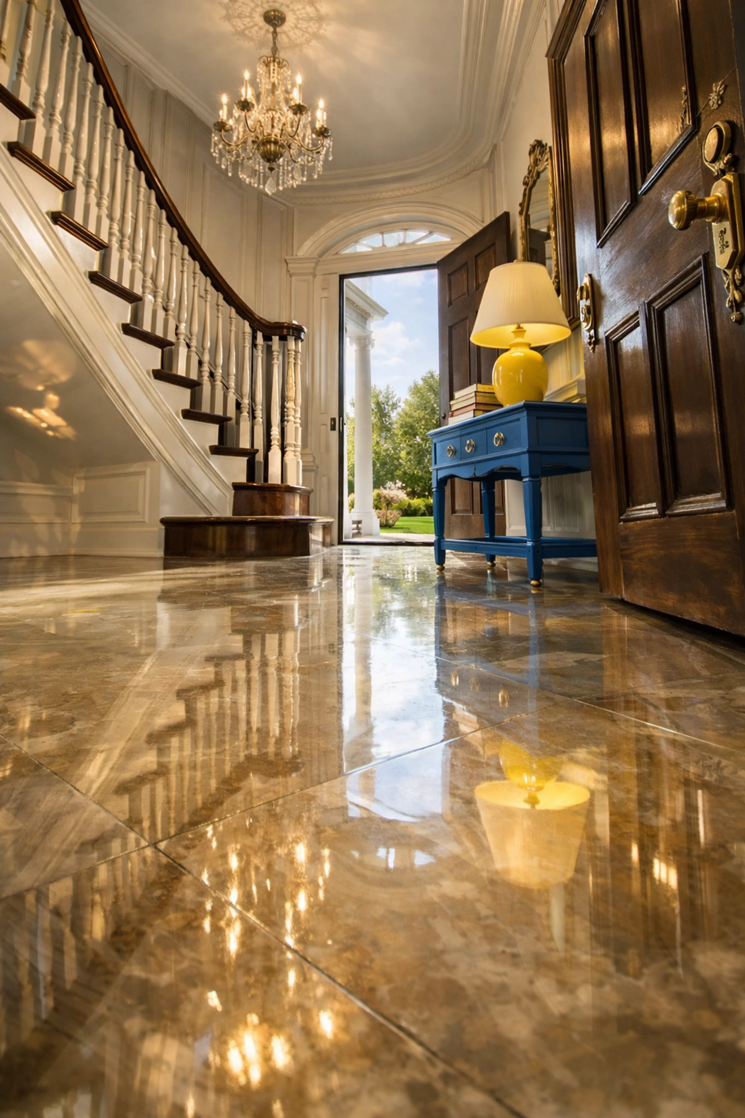 Grand foyer with polished staircase and gleaming entryway floors, reflecting quality house cleaning Worcester MA.