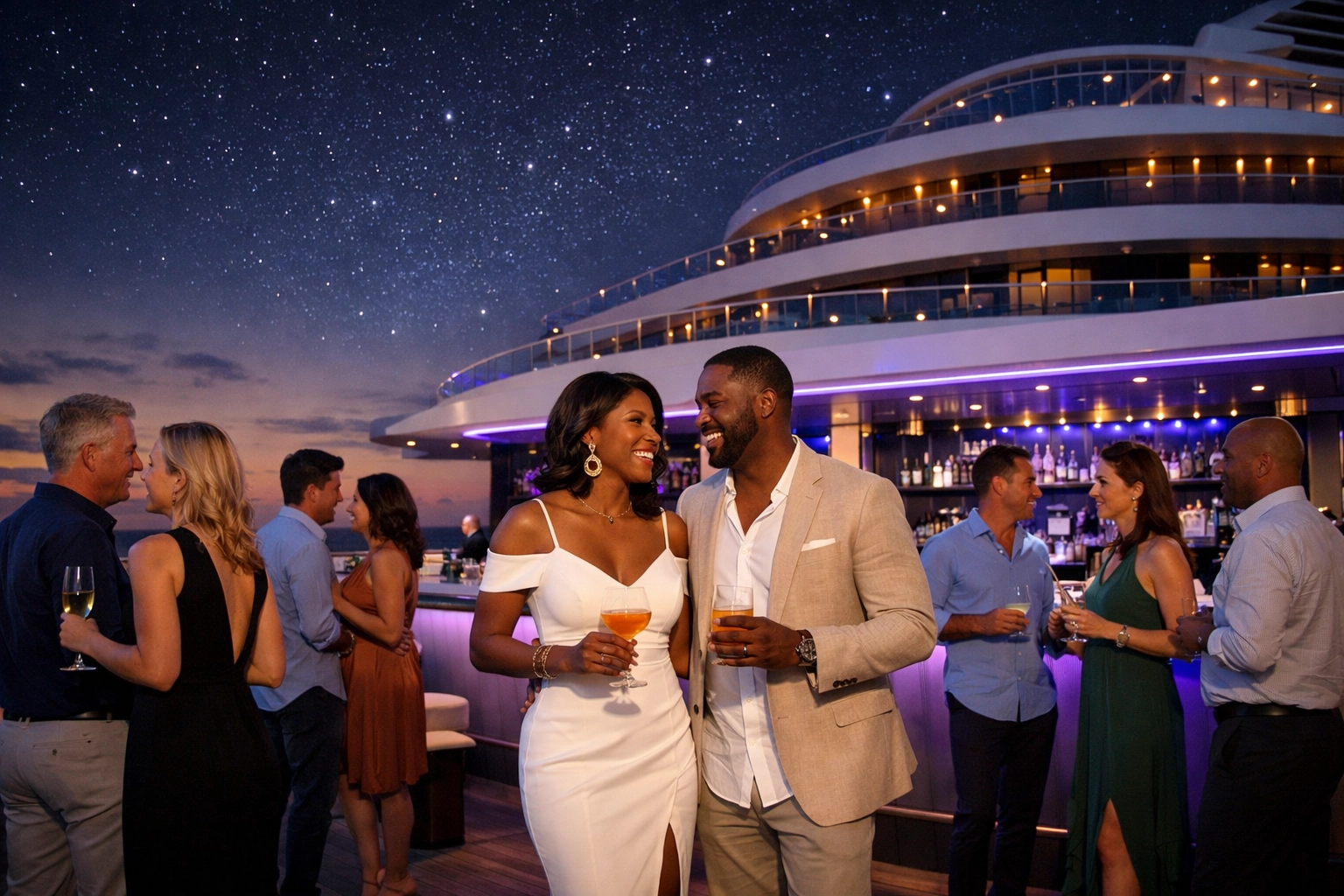 Adults socializing on a high-end ship deck, perfectly matched by a Lifestyle Cruises travel agent.