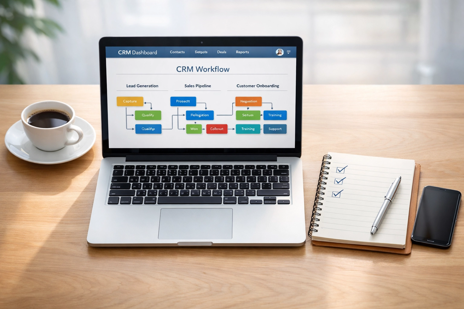 CRM dashboard displaying workflow automation on laptop with organized workspace