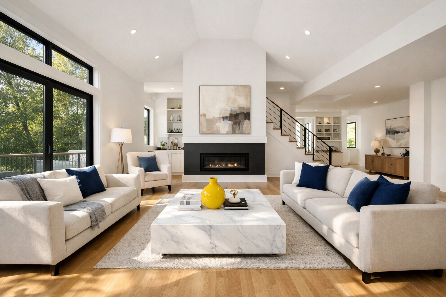 A pristine Framingham living room after professional post-construction cleaning services.