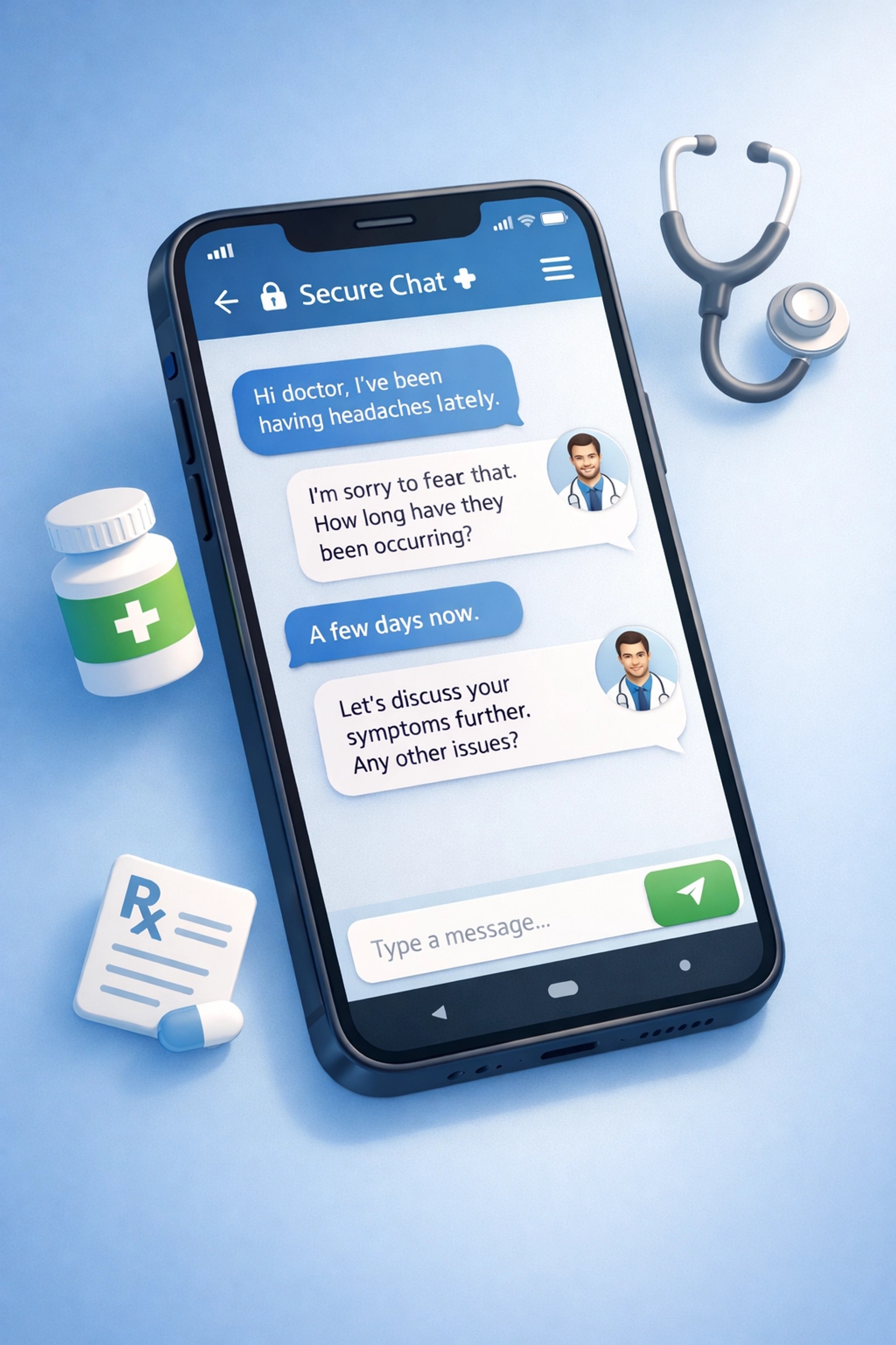 Smartphone showing text-based online doctor consultation with secure medical messaging interface