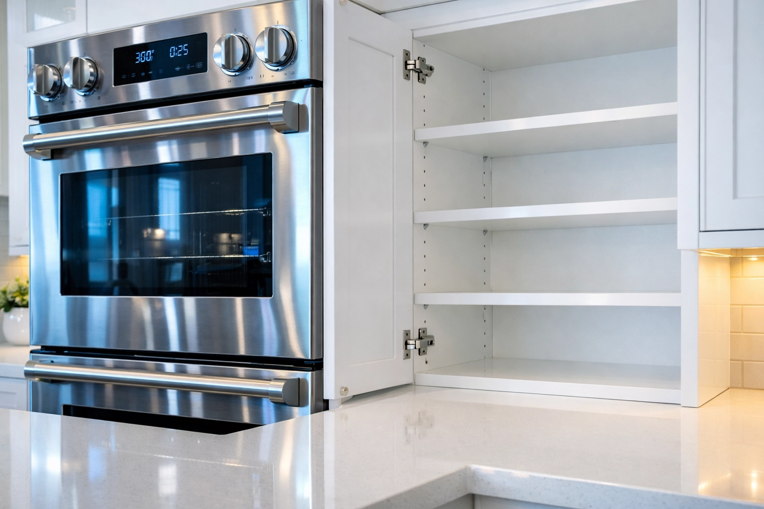 Deep cleaned modern kitchen in Worcester MA with sparkling white cabinets and professional move-out cleaning results.