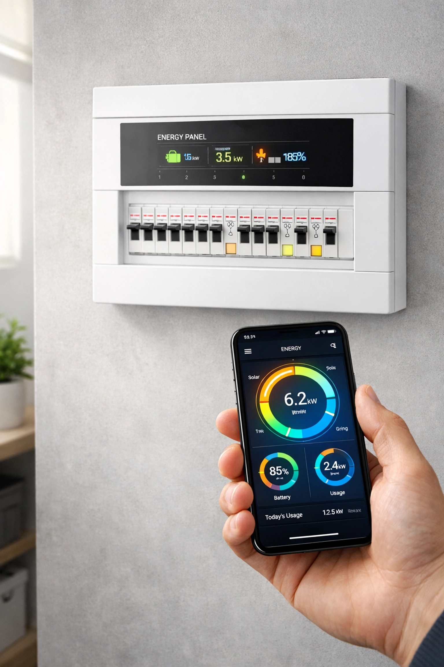 Monitoring real-time energy usage on a smartphone app connected to a commercial smart electrical panel in Maine.