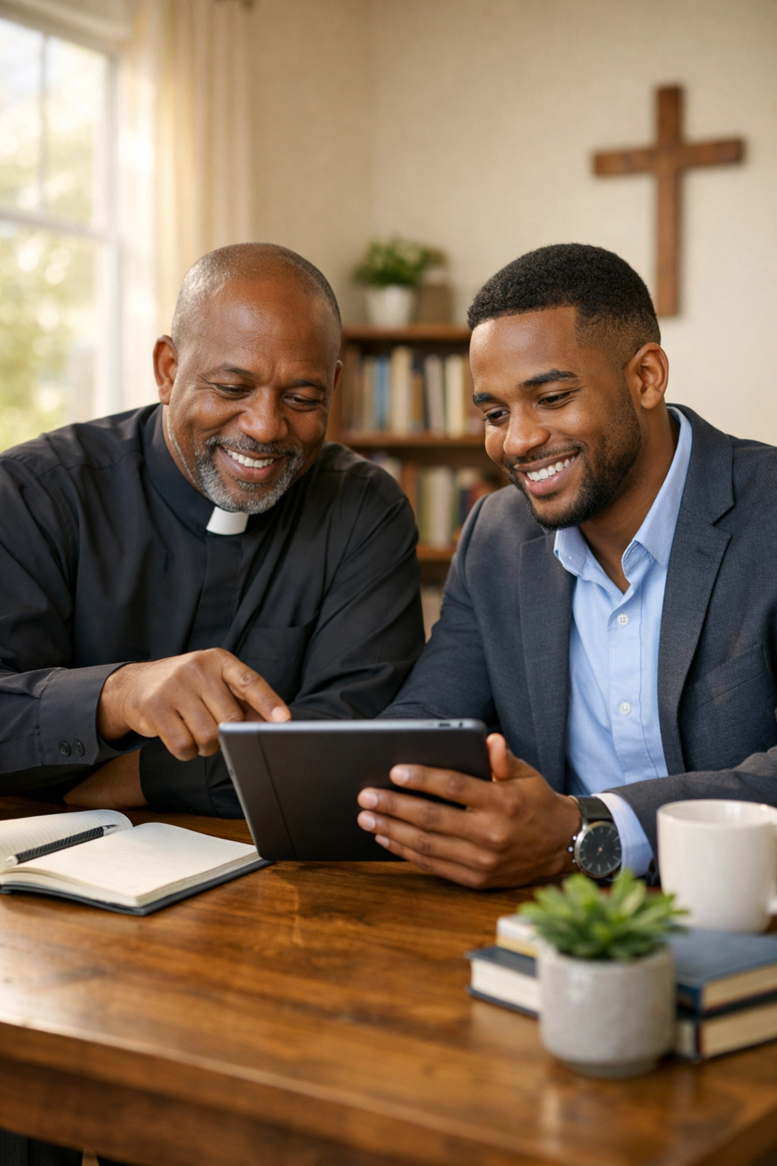 A pastor and entrepreneur collaborating on digital tools for church-supported Black business growth.