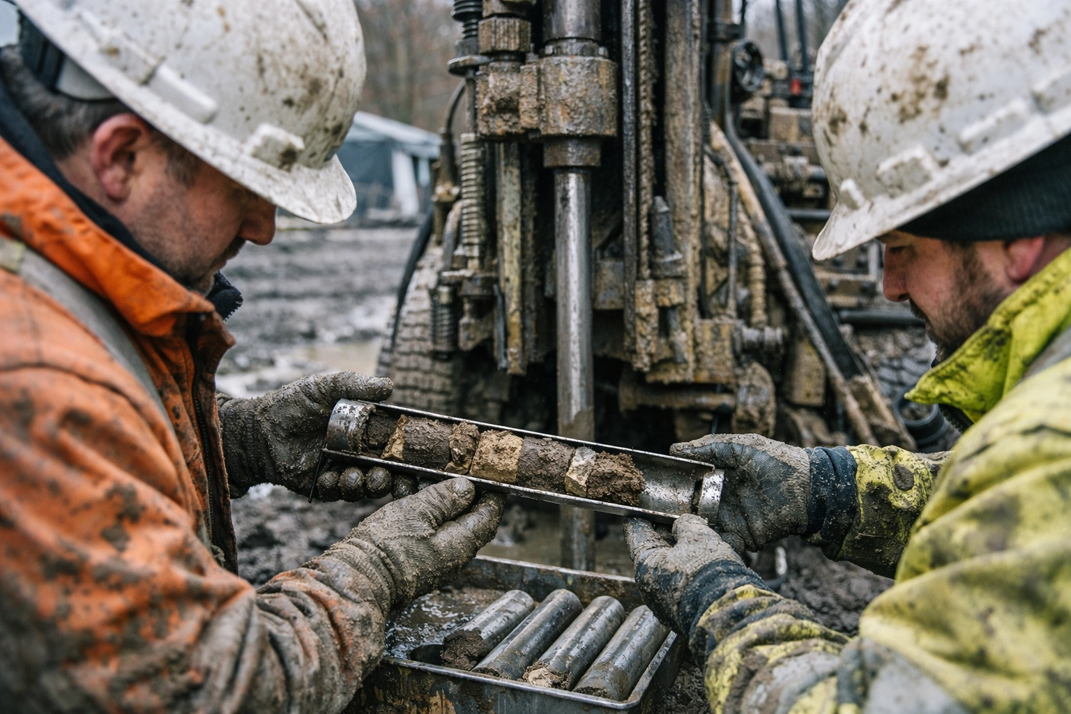 Geotechnical drilling crew collecting split-spoon soil samples at a New Jersey site.