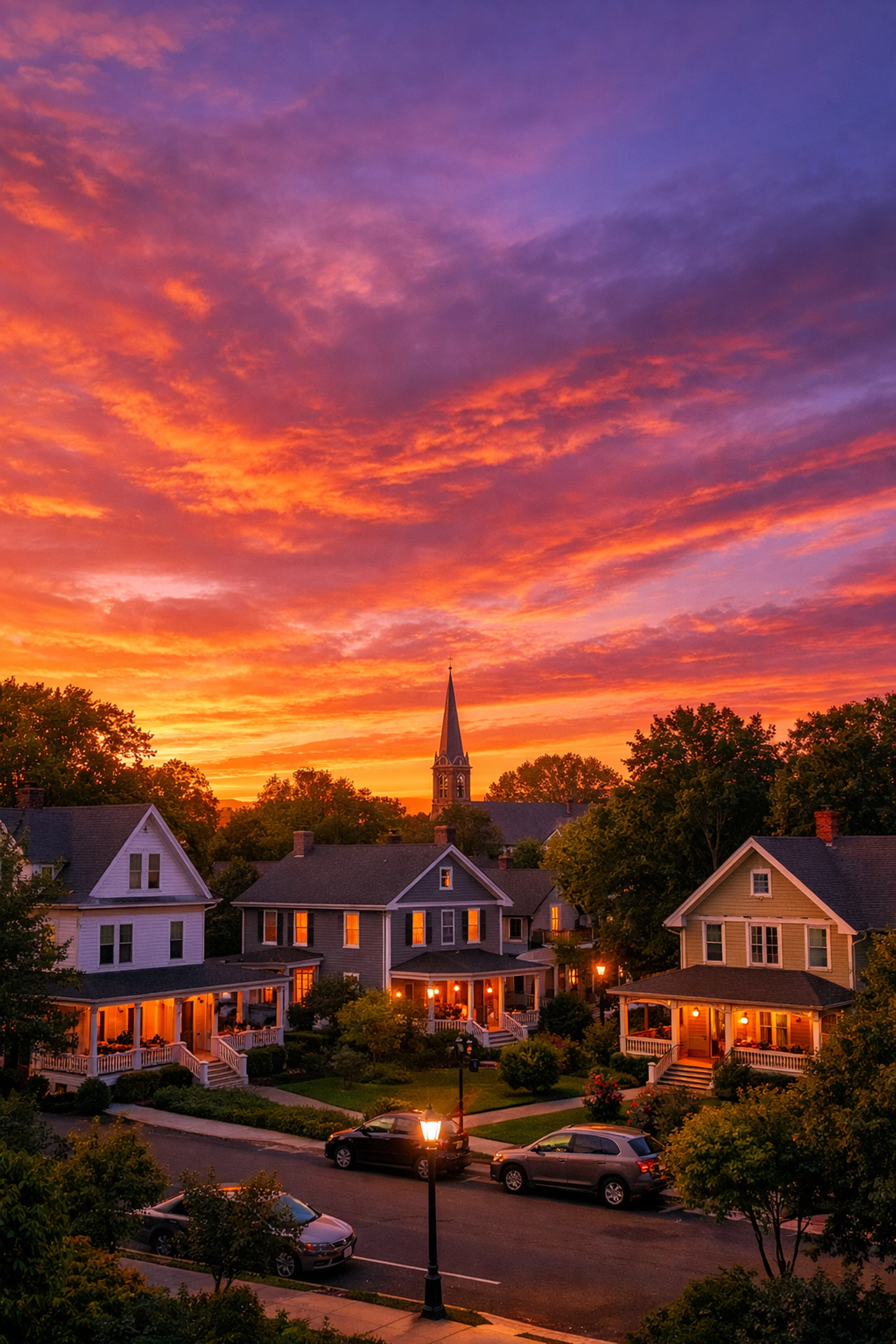 A peaceful New Jersey neighborhood at sunset, symbolizing hope and a fresh start after a disaster.