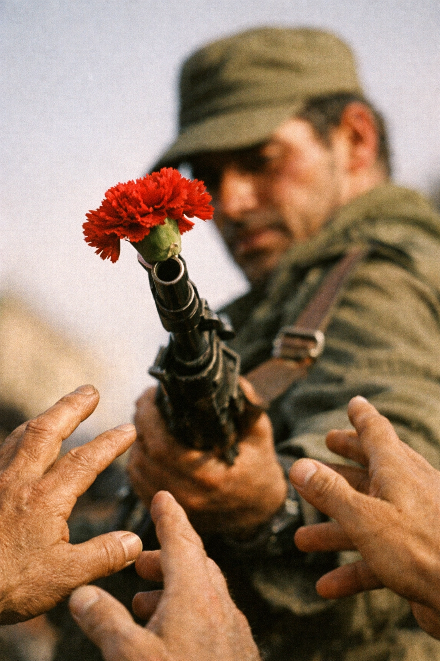 Red carnations in rifle barrels during Portugal's 1974 Carnation Revolution symbolizing peaceful change
