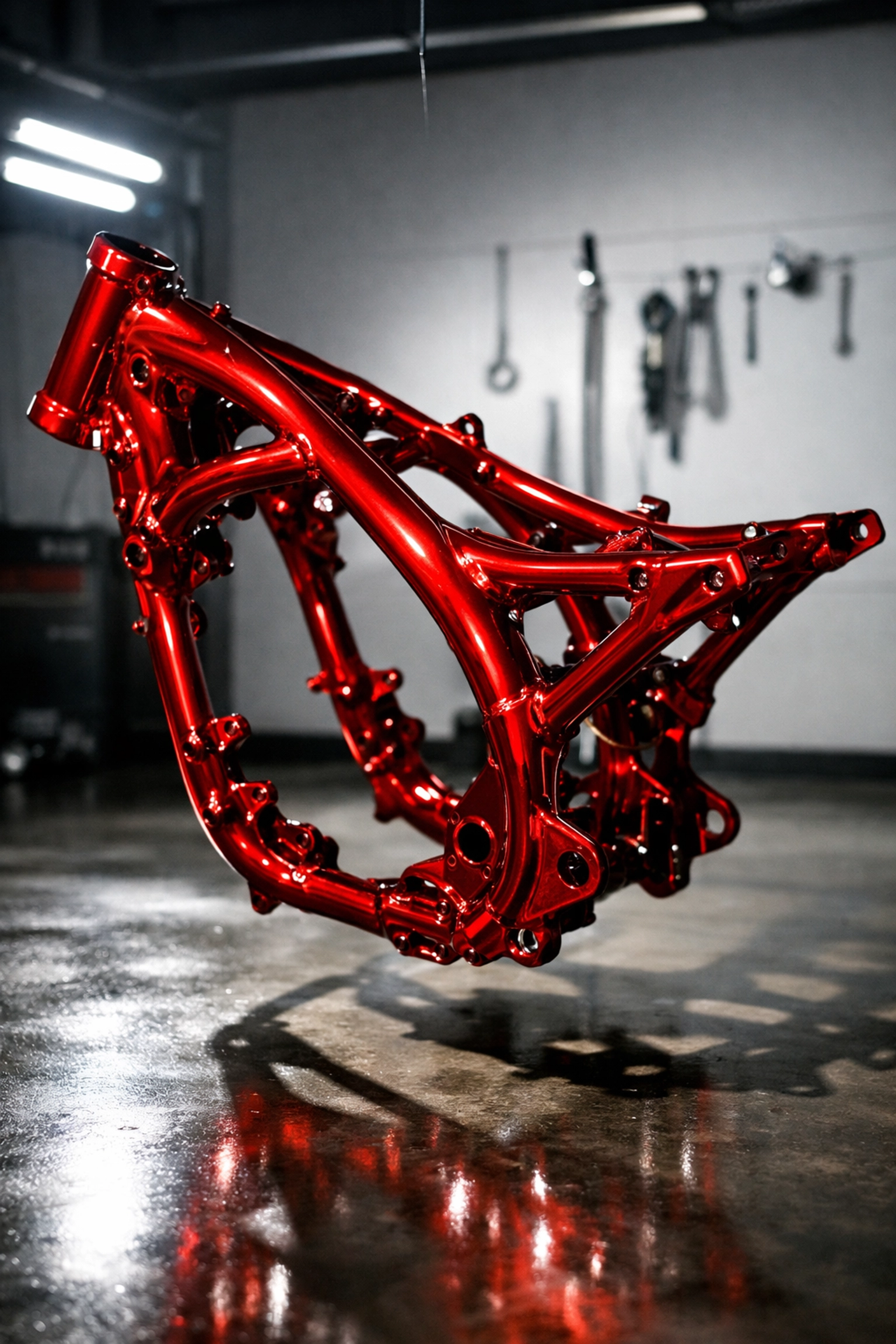 Custom red powder coated motorcycle frame in professional workshop