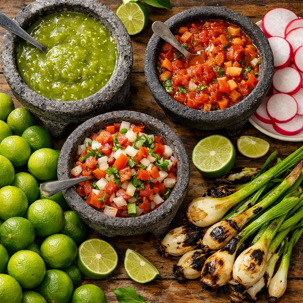Authentic Mexican salsa and fresh garnishes at a local street taco stand in Puerto Vallarta's Old Town.