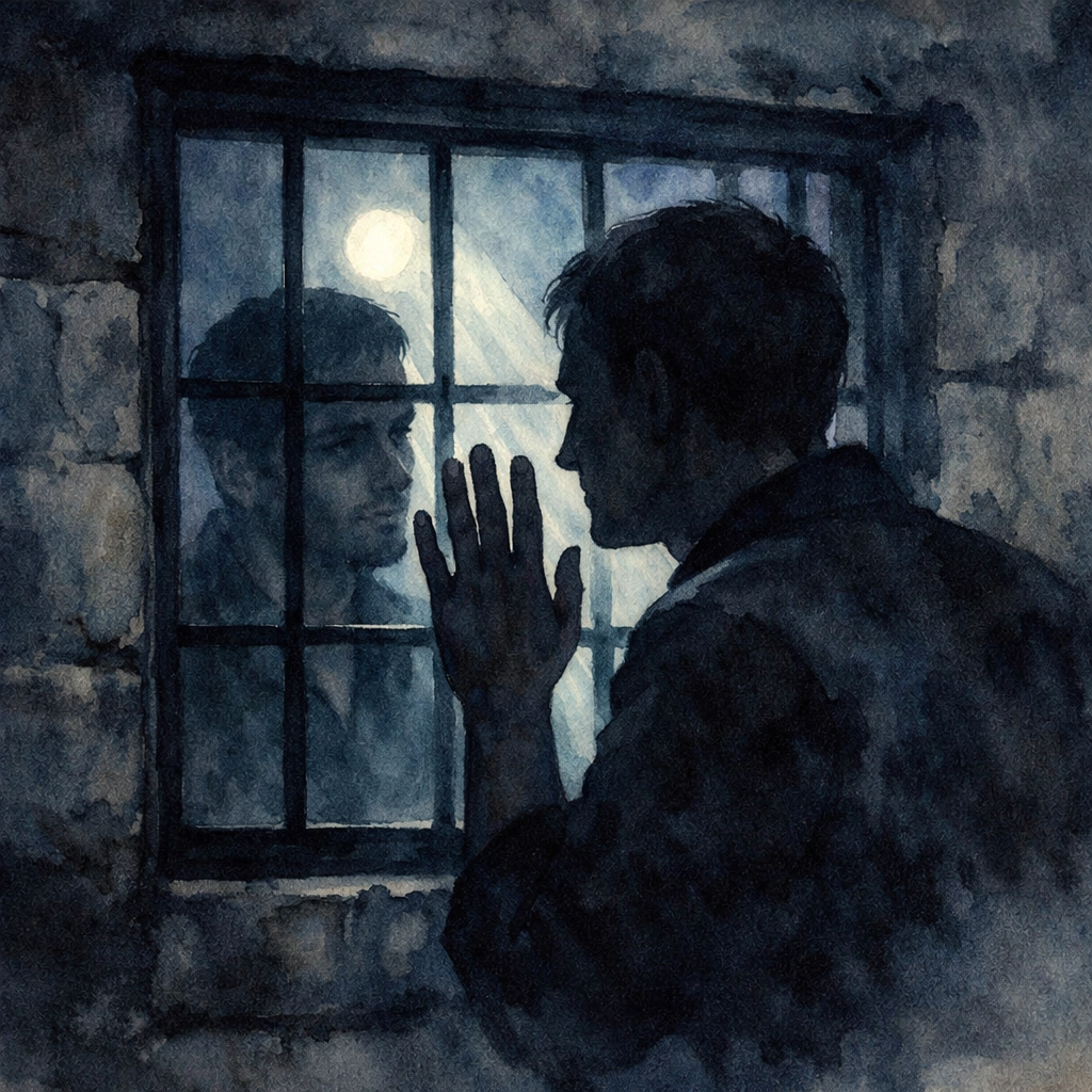 Two men separated by prison cell window at night showing longing and hope