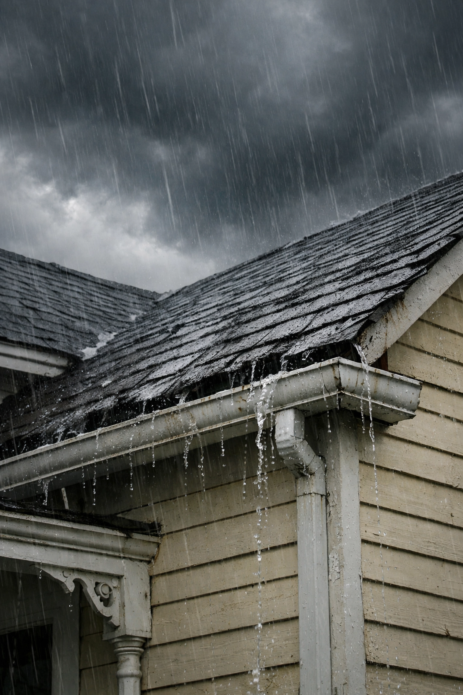 Southern Louisiana home roof during heavy winter rainstorm showing water damage on shingles