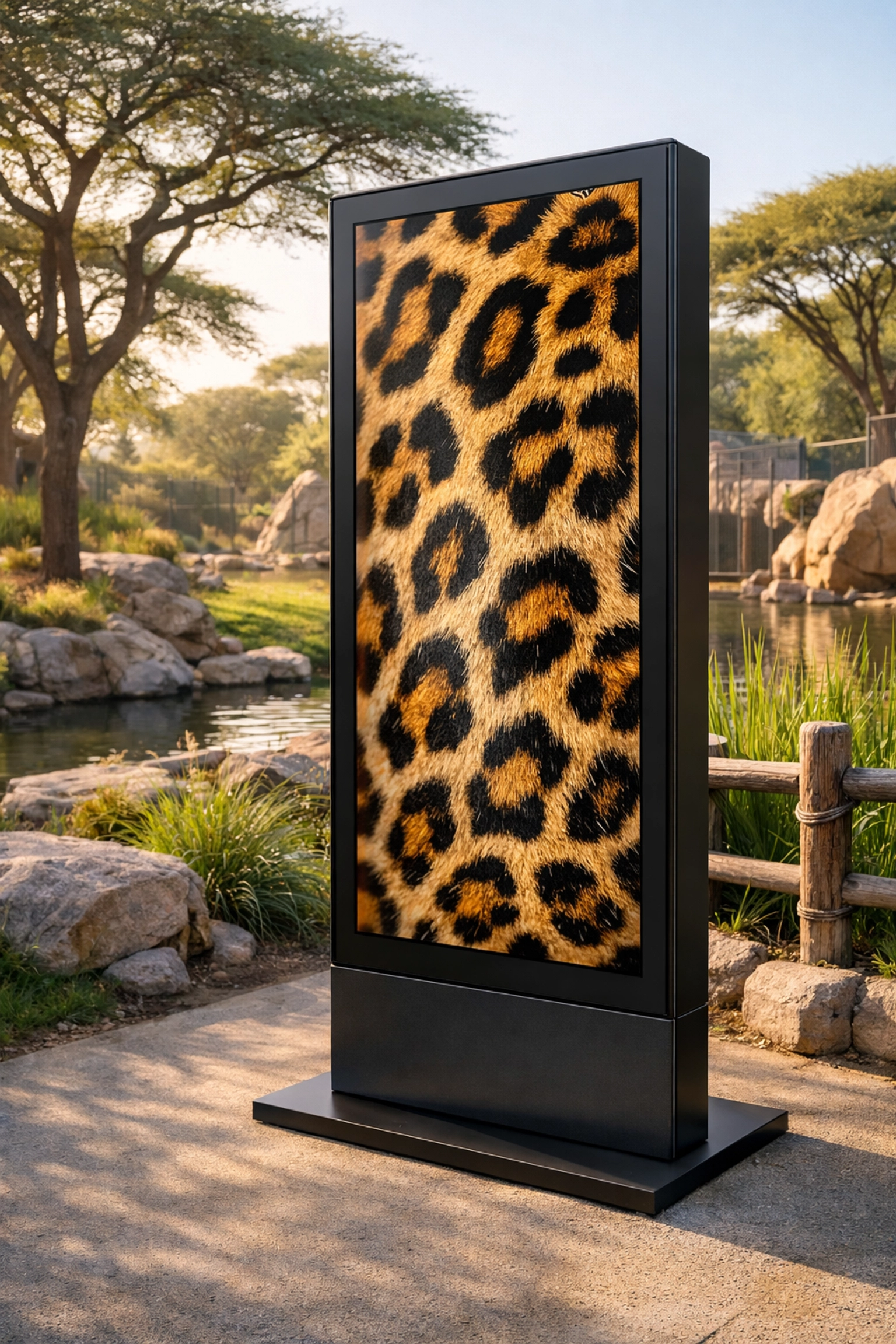 Modern digital advertising kiosk at a zoo habitat showcasing premium brand sponsorship opportunities.