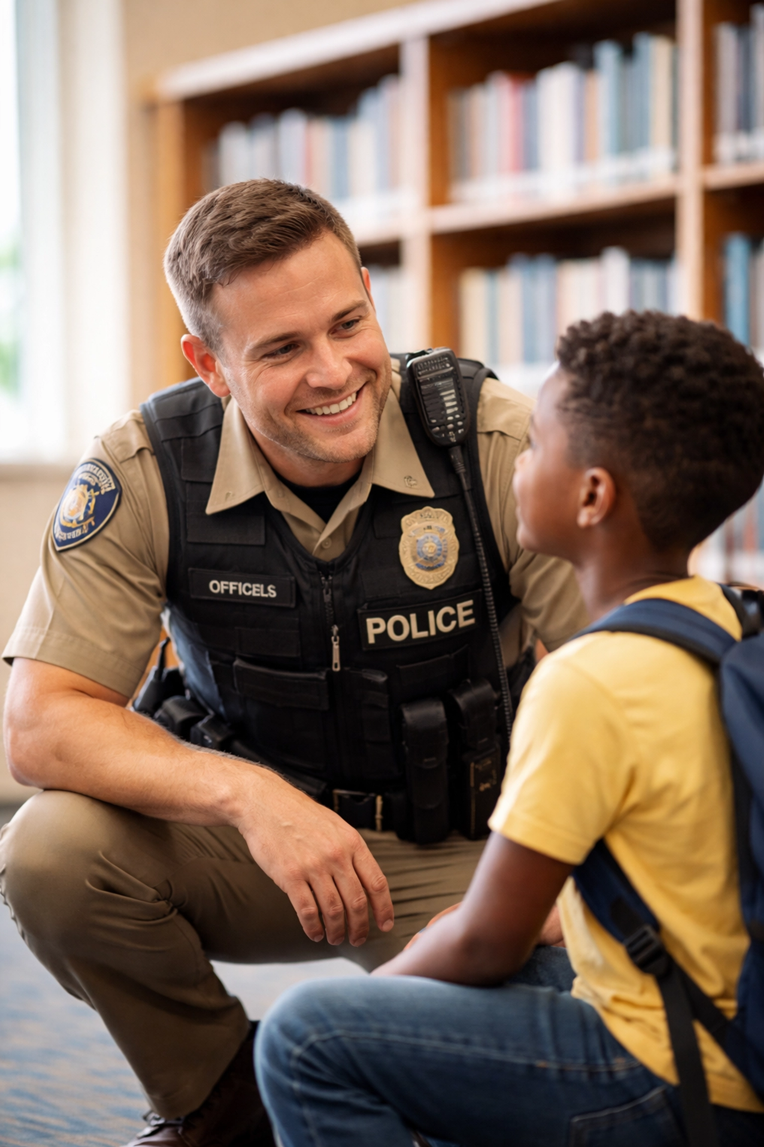 School resource officer chatting with a student in a library, illustrating human-centered safety and community trust.